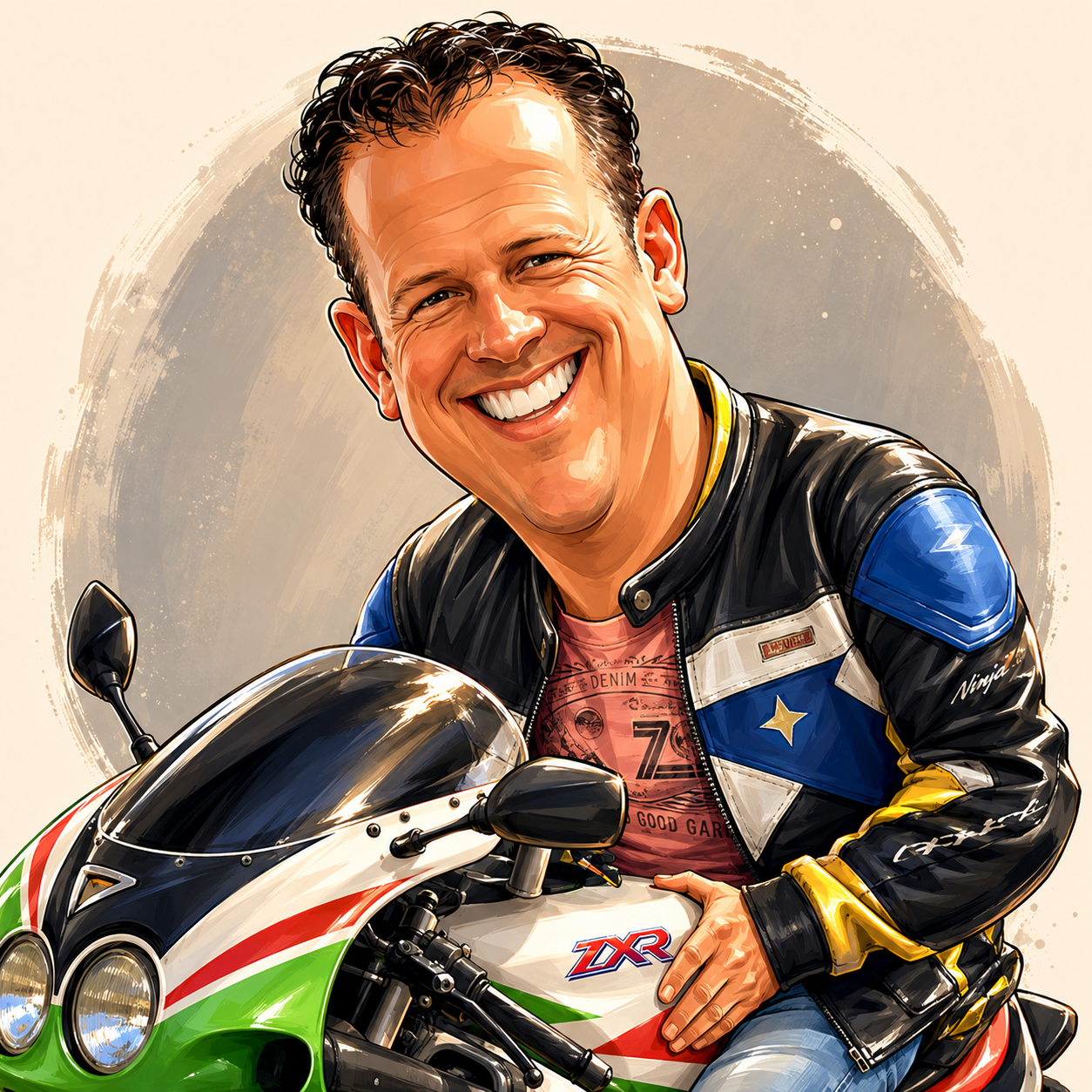 Wim Schaefers, lachend op zijn motor